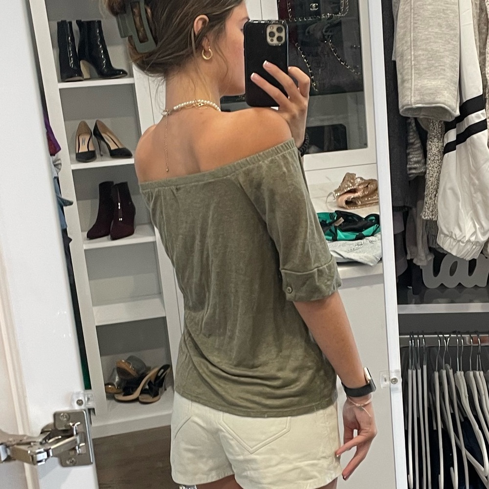 Green button down off shoulder shirt